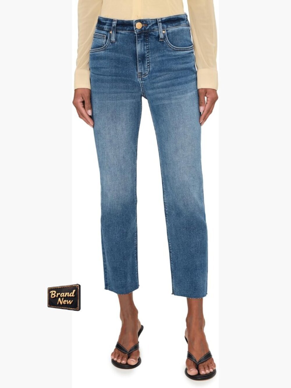 High-Waisted Raw Hem Straight Leg Jeans, Tapered Fit, Comfort Stretch Denim